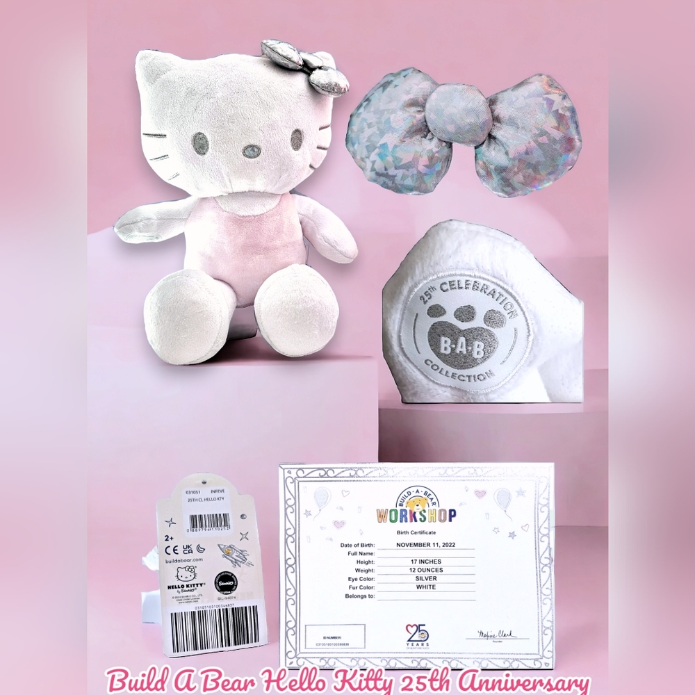 Build A Bear Hello Kitty 25th Anniversary Silver Holographic Bow White Pink BNWT